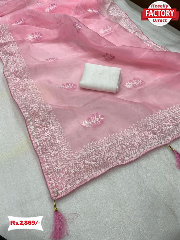 Baby Pink Organza Embroidered Partywear Saree