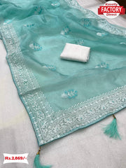 Light Blue Organza Embroidered Partywear Saree