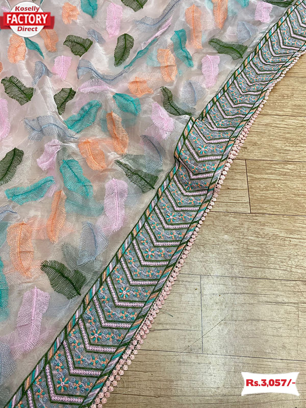 Peach Pure Organza Thread Embroidered Saree