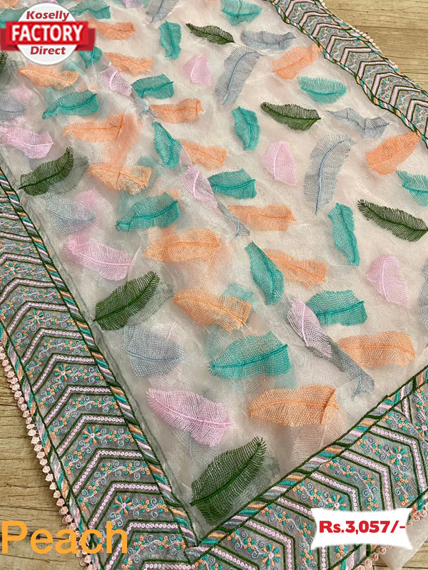 Peach Pure Organza Thread Embroidered Saree