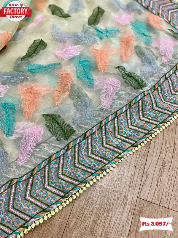 Yellow Pure Organza Thread Embroidered Saree