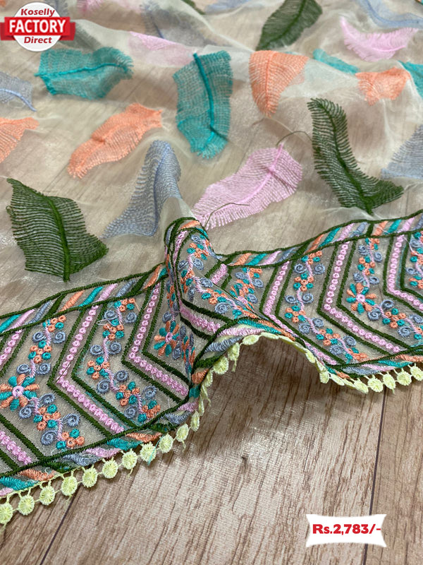 Yellow Pure Organza Thread Embroidered Saree