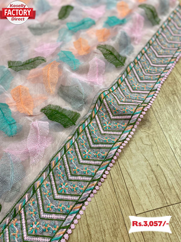 Pink Pure Organza Thread Embroidered Saree