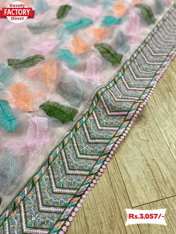 Pink Pure Organza Thread Embroidered Saree