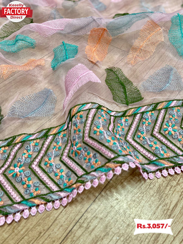 Pink Pure Organza Thread Embroidered Saree