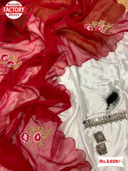 Red Pure Soft Simmer Silk Saree With Handwork