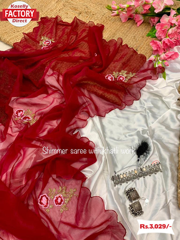 Red Pure Soft Simmer Silk Saree With Handwork