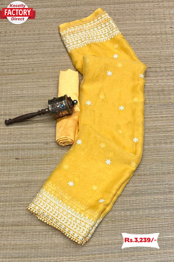 Yellow Satin Organza Embroidered Saree
