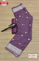 Mauve Satin Organza Embroidered Saree