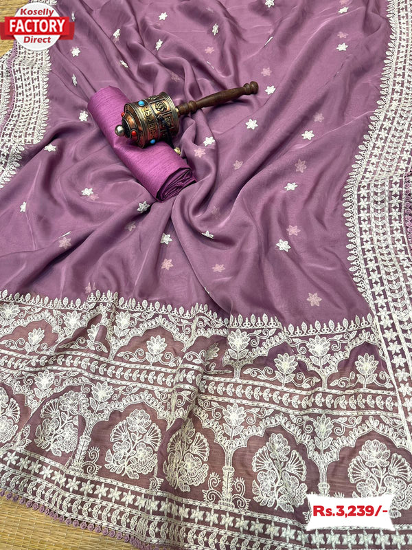 Mauve Satin Organza Embroidered Saree