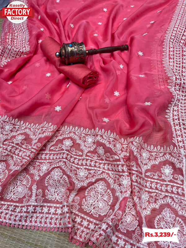 Bubblegum Pink Satin Organza Embroidered Saree