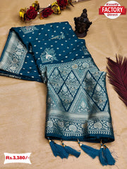 Turquoise Pure Dola Silk Saree