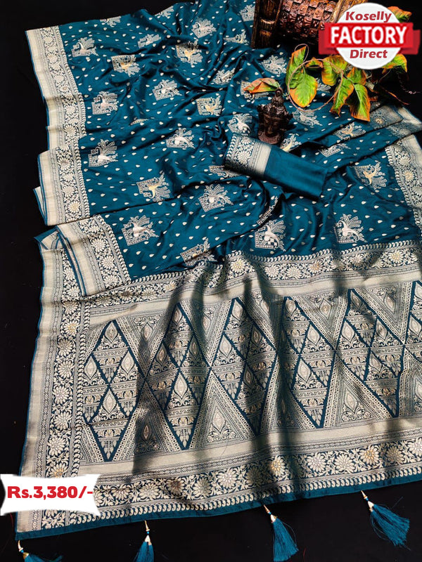 Turquoise Pure Dola Silk Saree