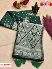 Dark Green Pure Dola Silk Saree