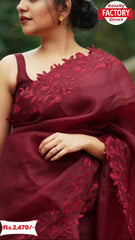 Maroon Pure Organza Chikankari Saree