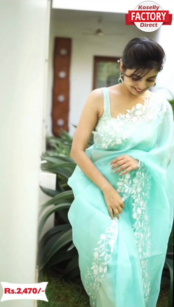 Light Blue Pure Organza Chikankari Saree