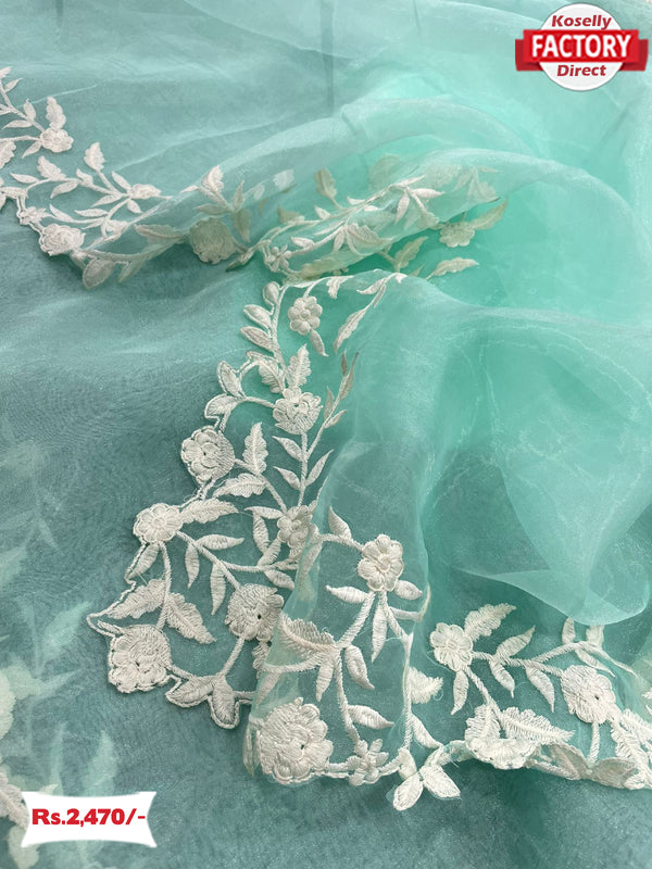 Light Blue Pure Organza Chikankari Saree