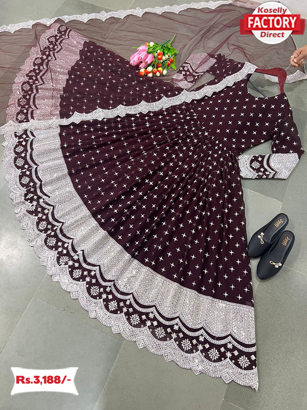 Maroon Embroidered Gown Dupatta Set