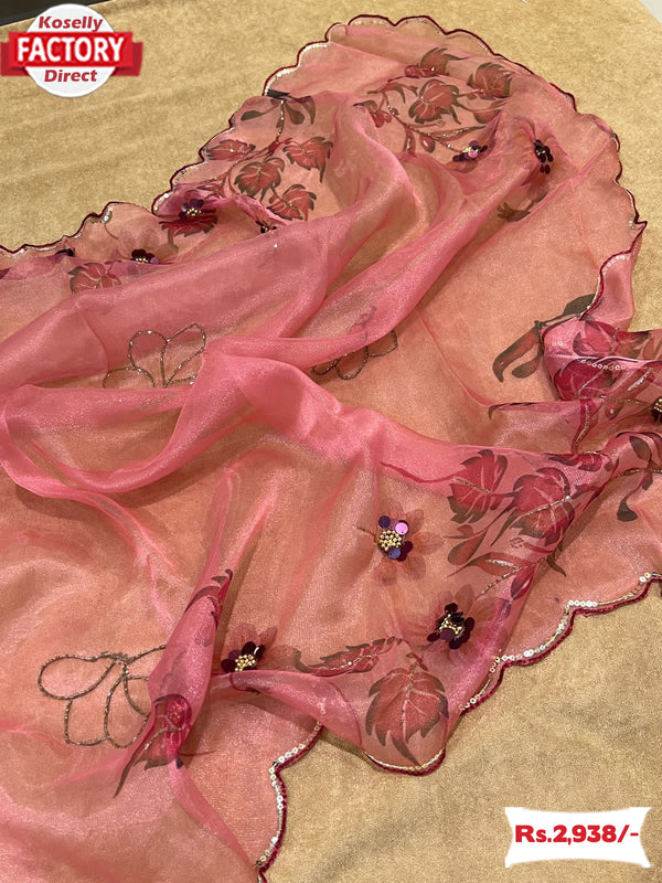 Peach Pure Organza Hand-work Saree