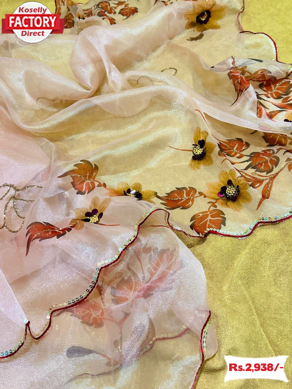 Light Peach Pure Organza Hand-work Saree