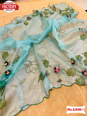 Sky Blue Pure Organza Hand-work Saree