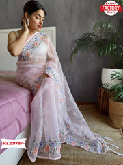 Light Pink Pure Organza Fancy Embroidered Saree