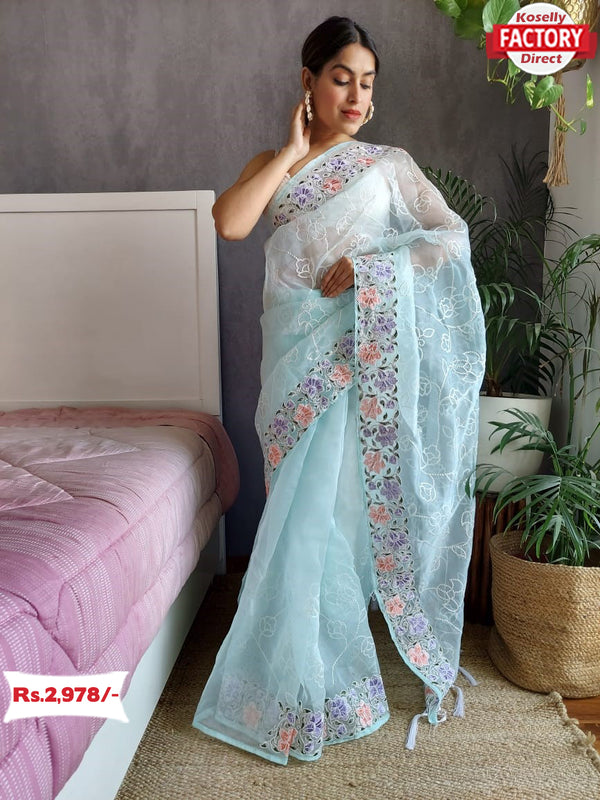 Light Blue Pure Organza Fancy Embroidered Saree