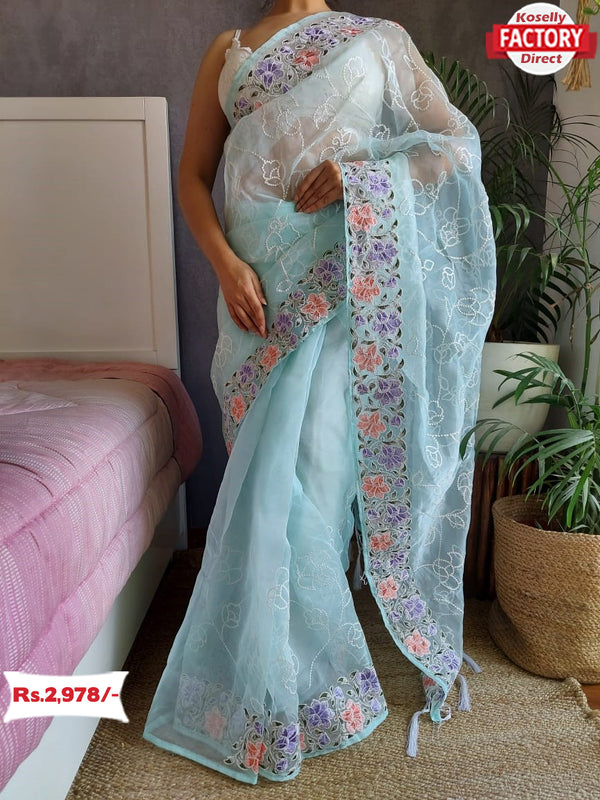 Light Blue Pure Organza Fancy Embroidered Saree