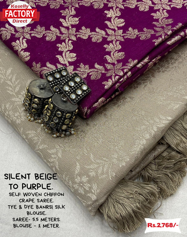 Silent Beige Chiffon Crepe Saree With Purple Blouse Piece