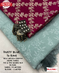 Dusty Blue Chiffon Crepe Saree With Magenta Blouse Piece