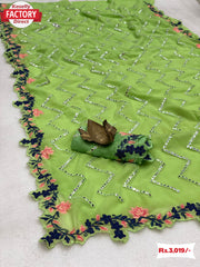 Parrot Green Embroidered Georgette Designer Saree