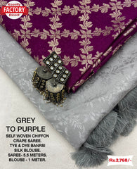 Grey Chiffon Crepe Saree With Purple Blouse Piece