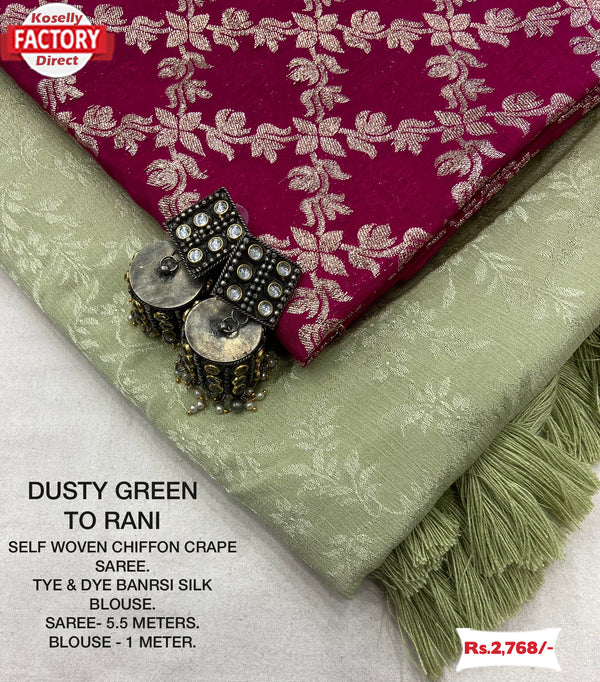Dusty Green Chiffon Crepe Saree With Magenta Blouse Piece