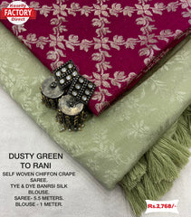 Dusty Green Chiffon Crepe Saree With Magenta Blouse Piece