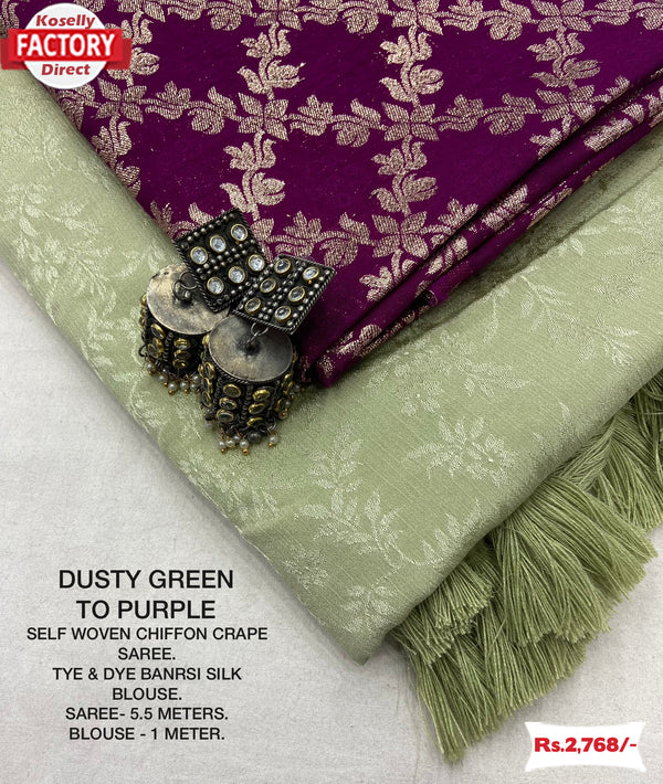 Dusty Green Chiffon Crepe Saree With Purple Blouse Piece