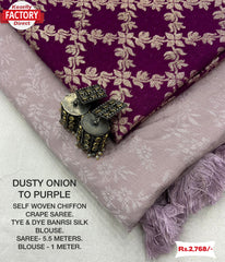 Dusty Onion Chiffon Crepe Saree With Purple Blouse Piece