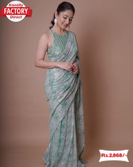 Dusty Blue Sequins Partywear Saree