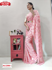 Pink Viscose Zari Ready To Wear Saree With Belt
