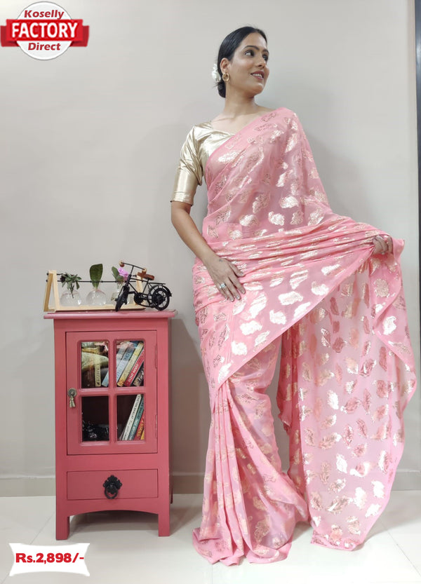 Pink Viscose Zari Ready To Wear Saree With Belt