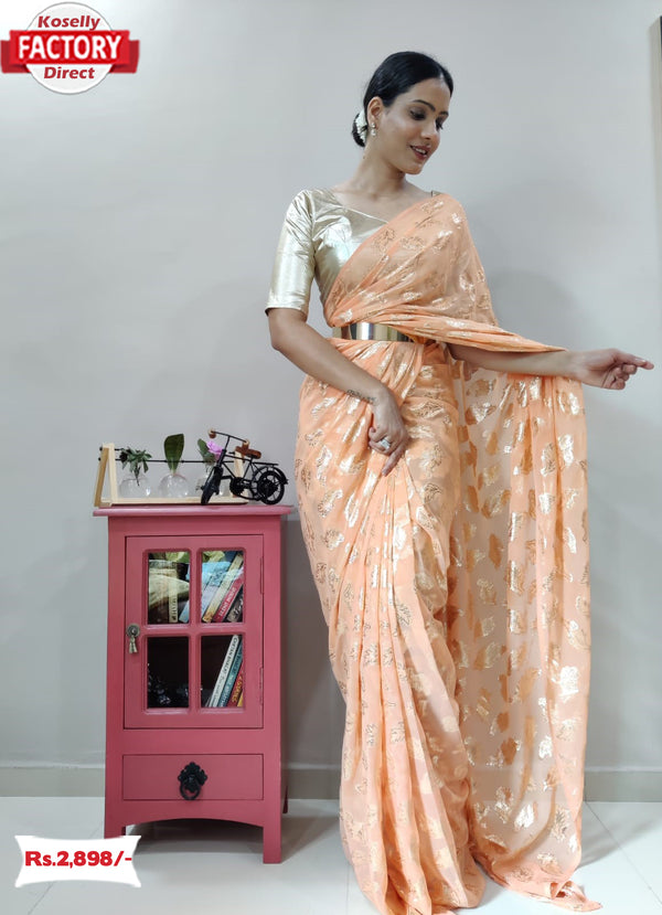 Peach Viscose Zari Ready To Wear Saree With Belt