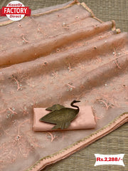 Peach Organza Embroidered Partywear Saree