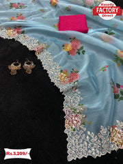 Real Mirror Work Digital Printed Organza Saree