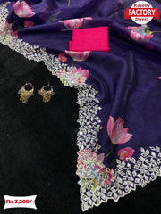 Real Mirror Work Digital Printed Organza Saree