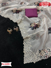 Real Mirror Work Digital Printed Organza Saree