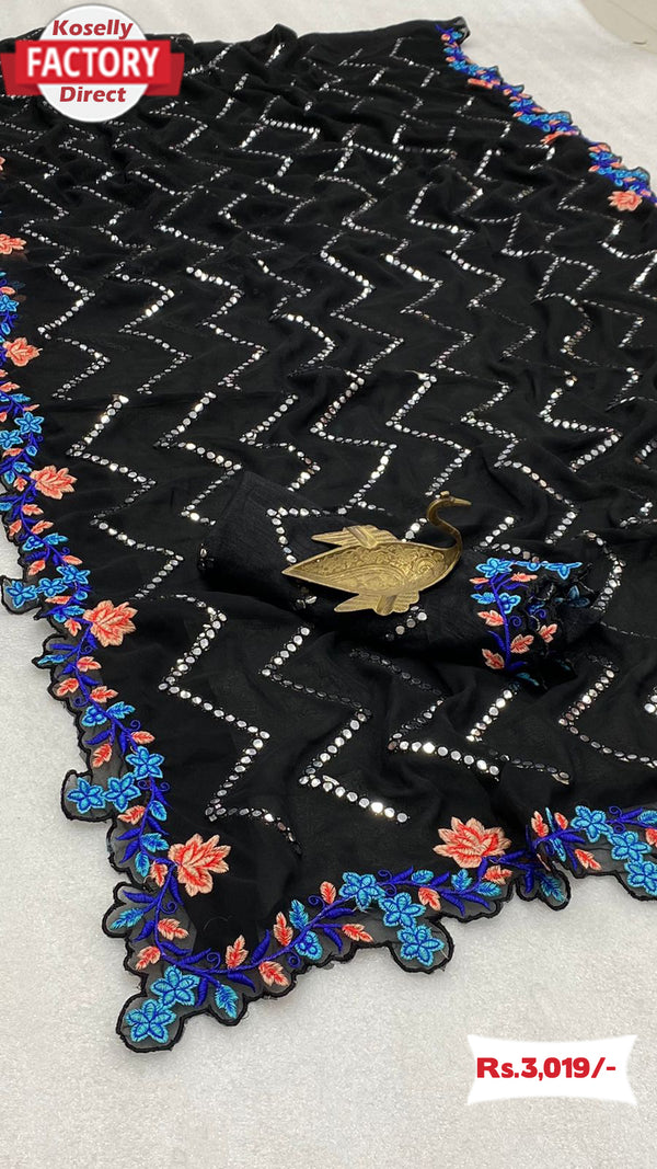 Black Embroidered Georgette Designer Saree