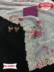 Real Mirror Work Digital Printed Organza Saree