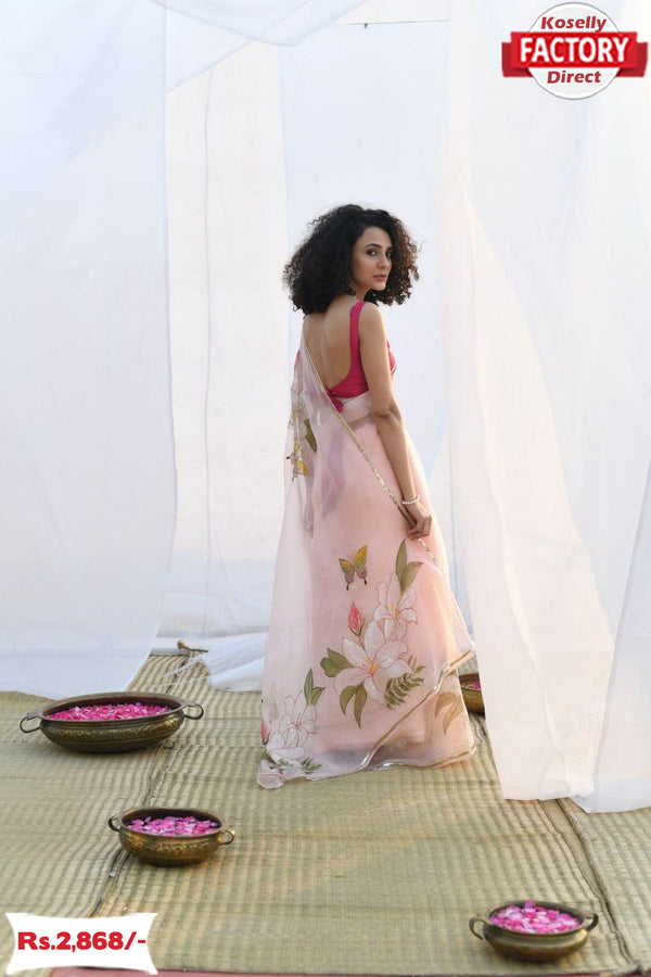 Light Pink Designer Handwork Organza Saree