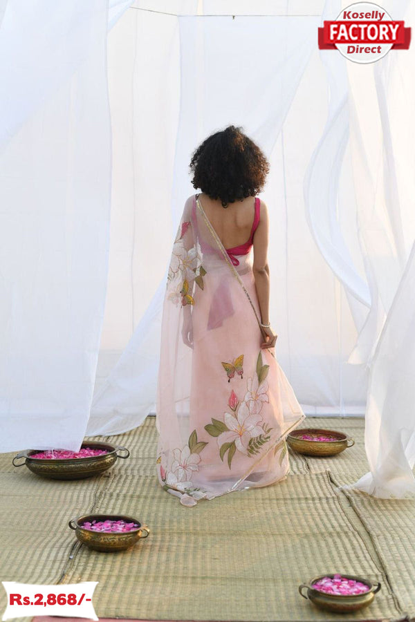 Light Pink Designer Handwork Organza Saree