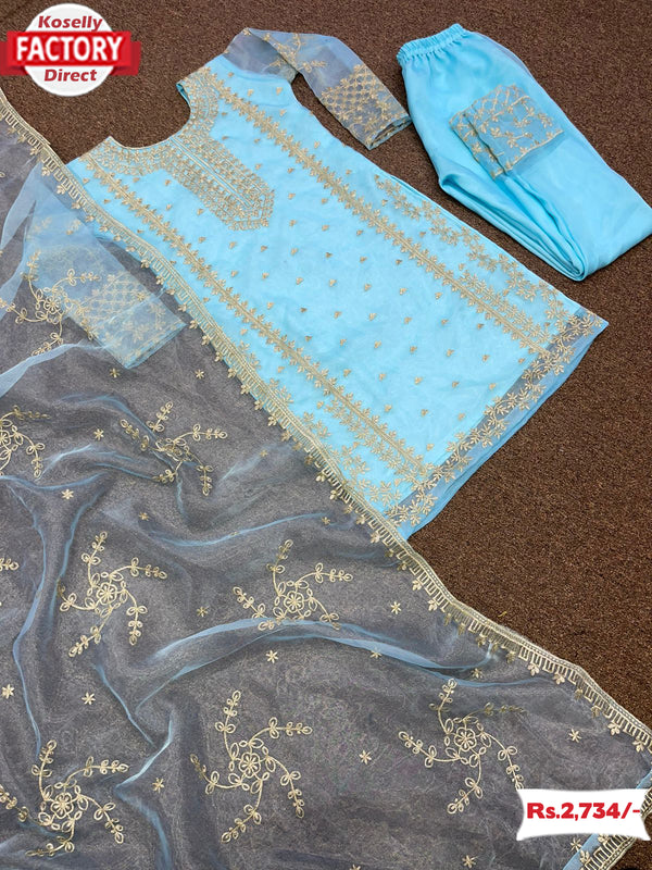 Sky Blue Organza Kurtha Palazzo Dupatta Set