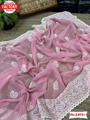 Pink Shimmer Silk Saree With Chikankari Work